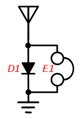 Schematic symbol of radio with antenna connected to a diode and headphone that are both grounded